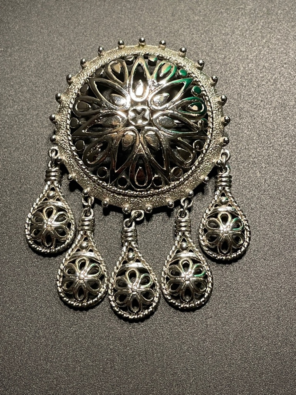 Vendome Signed Filigree Dangle Brooch Ornate Statement Pin